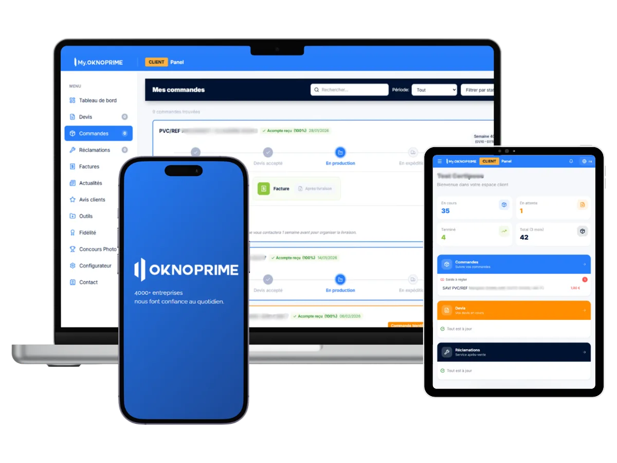 Le suivi des commandes My Oknoprime sur un ordinateur portable, une tablette et un smartphone